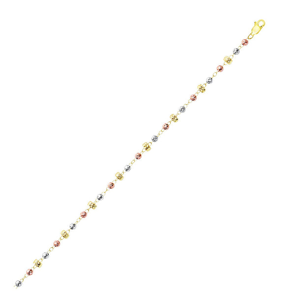 14K Tri-Color Gold Faceted Round and Barrel Shape Link Bracelet