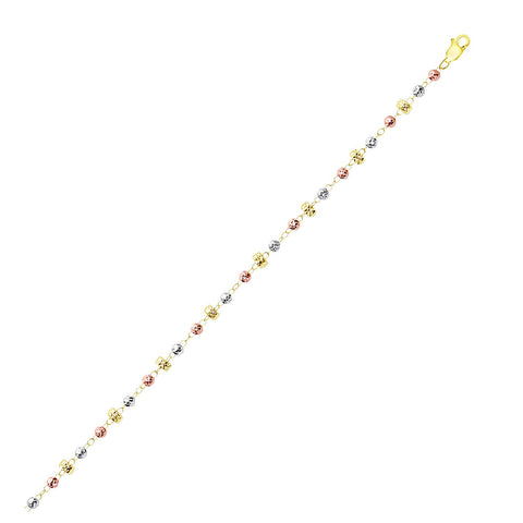 14K Tri-Color Gold Faceted Round and Barrel Shape Link Bracelet