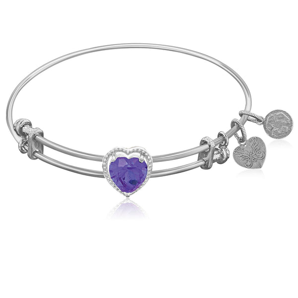 Expandable White Tone Brass Bangle with Purple CZ Heart Symbol