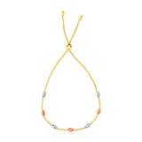 14K Tri-Color Gold Textured Oval Station Lariat Style Bracelet