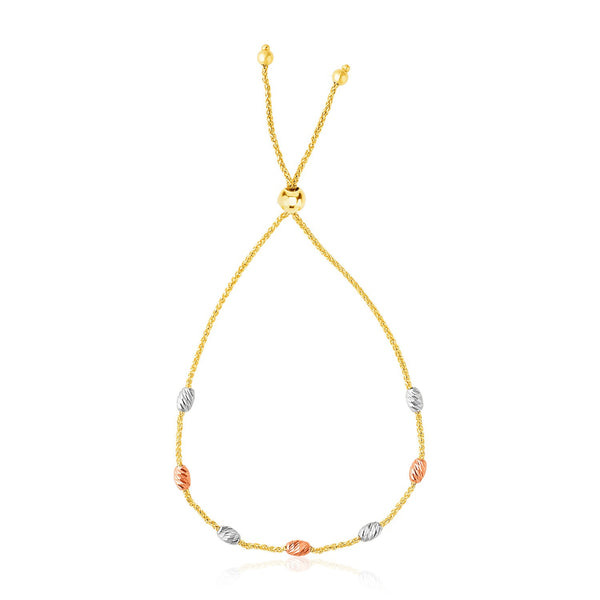 14K Tri-Color Gold Textured Oval Station Lariat Style Bracelet