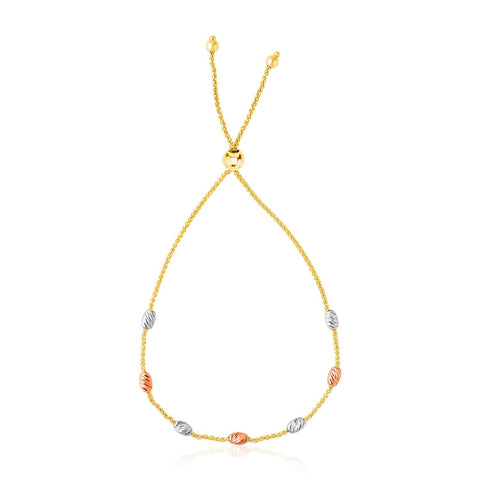 14K Tri-Color Gold Textured Oval Station Lariat Style Bracelet