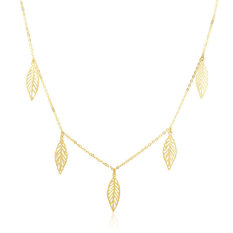 14K Yellow Gold Filigree Leaf Embellished Chain Necklace