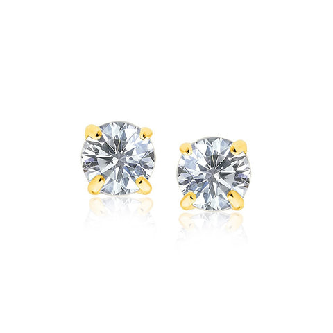 14K Yellow Gold Stud Earrings with White Hue Faceted Cubic Zirconia