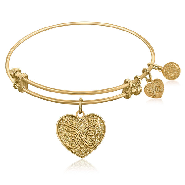 Expandable Bangle in Yellow Tone Brass with Heart Symbol