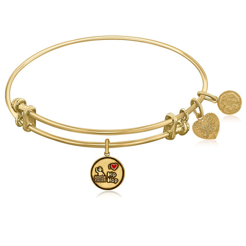 Expandable Yellow Tone Brass Bangle with I Love Hip Hop Symbol