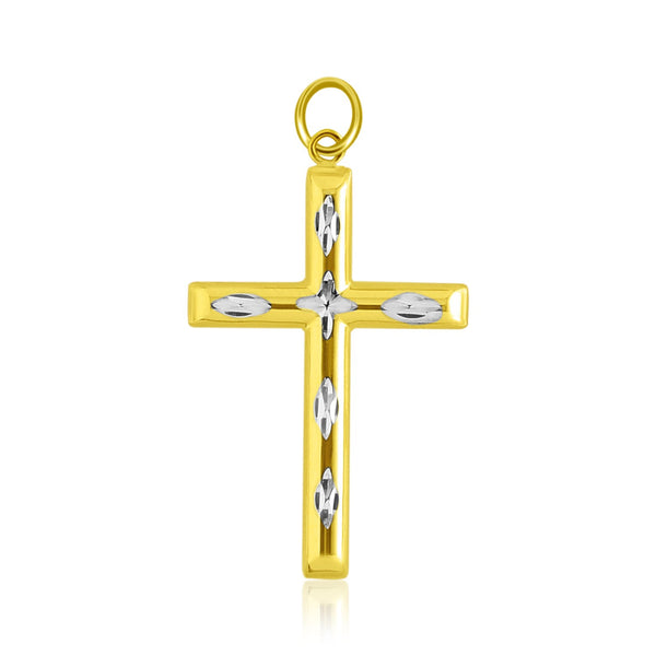 14K Two-Tone Gold Diamond Cut Design Cross Pendant