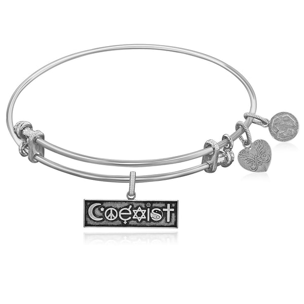 Expandable White Tone Brass Bangle with Coexist Symbol
