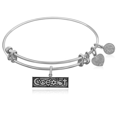 Expandable White Tone Brass Bangle with Coexist Symbol