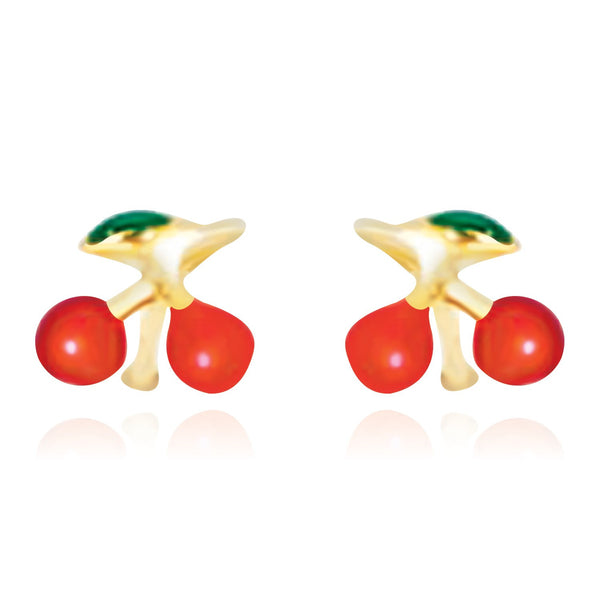 14K Yellow Gold Post Earrings with Cherry Design