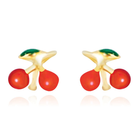 14K Yellow Gold Post Earrings with Cherry Design
