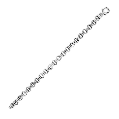 Sterling Silver Men's Rolo Chain Carved Bracelet