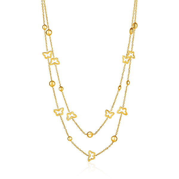14K Yellow Gold Ball and Butterfly Double Strand Necklace