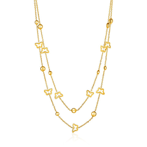 14K Yellow Gold Ball and Butterfly Double Strand Necklace