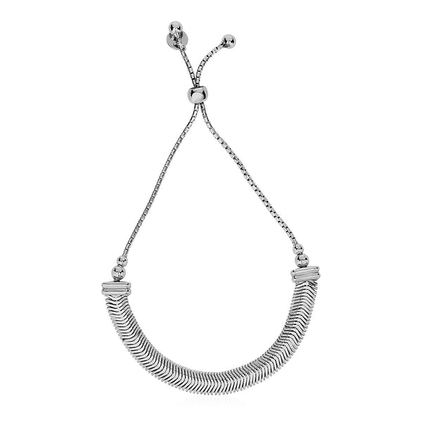 Adjustable Herringbone Texture Draw String Bracelet in Sterling Silver