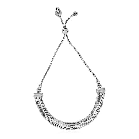 Adjustable Herringbone Texture Draw String Bracelet in Sterling Silver
