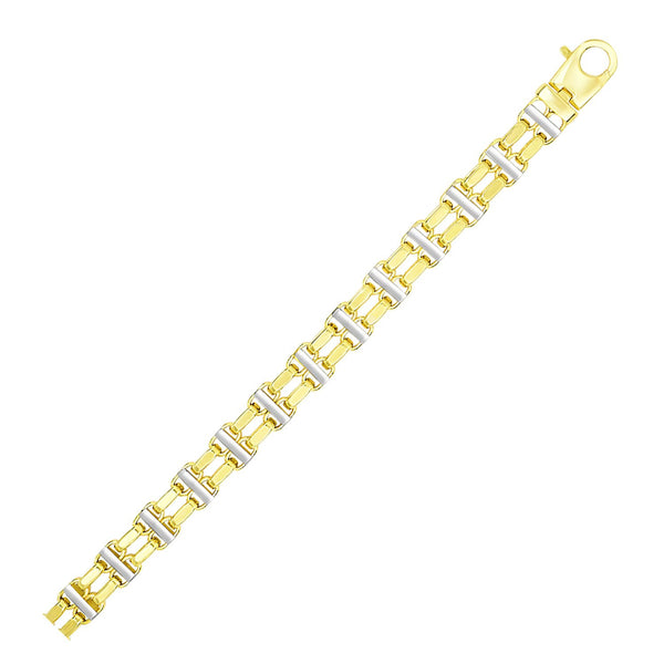 14K Two-Tone Gold Men's Bracelet with Two Rows of Bar Links