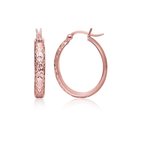 14K Rose Gold Hammered Oval Hoop Earrings