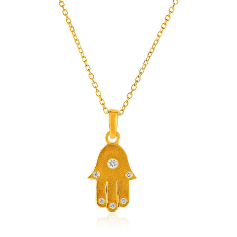 14K Yellow Gold 18 inch Necklace with Gold and Diamond Hand of Hamsa Pendant