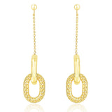 14K Yellow Gold Chain and Oval Motif Weave Style Dangling Earrings