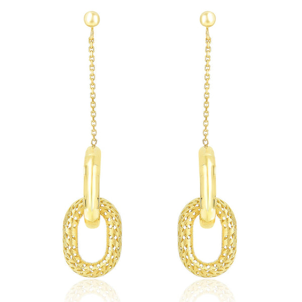 14K Yellow Gold Chain and Oval Motif Weave Style Dangling Earrings