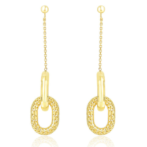 14K Yellow Gold Chain and Oval Motif Weave Style Dangling Earrings