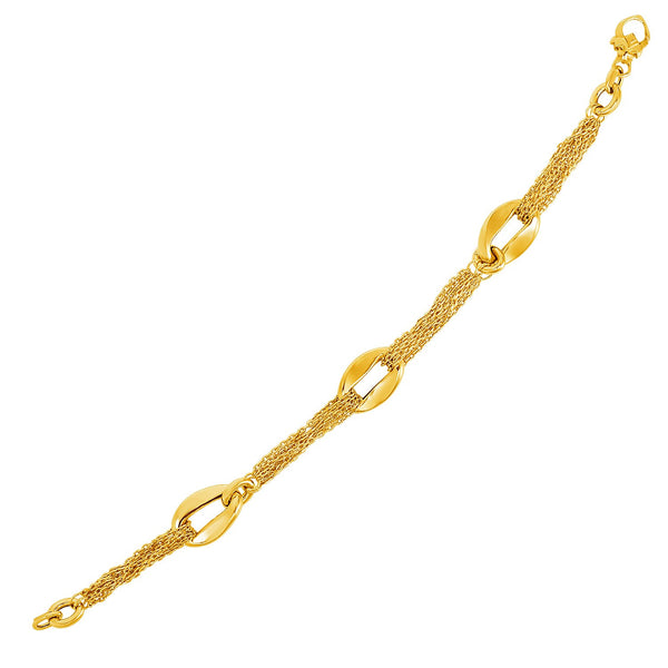 14K Yellow Gold Curved Oval Link and Multi-Strand Cable Chain Bracelet