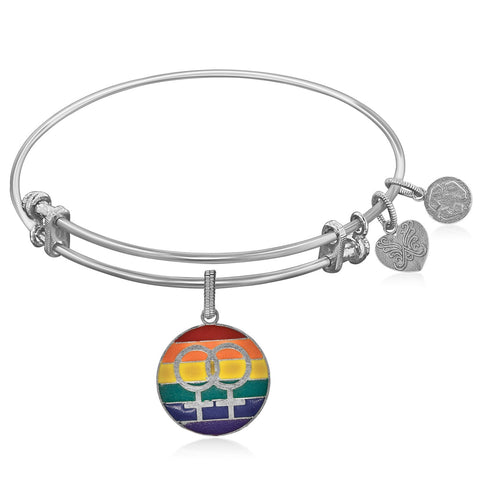 Expandable White Tone Brass Bangle with LGBTQ Pride Enamel Symbol