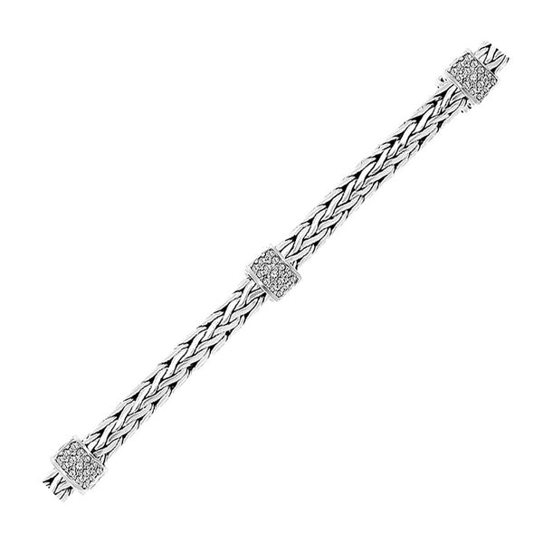 Sterling Silver Woven Bracelet with White Sapphire Accented Stations