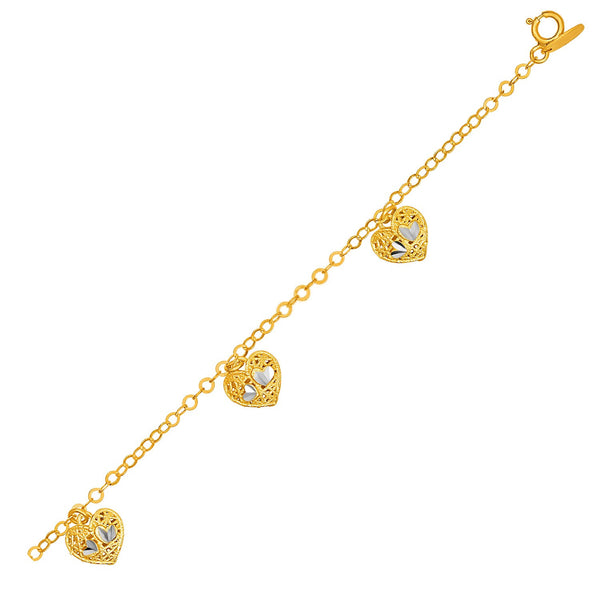 14K Yellow Gold Bracelet with Filigree Style Hearts