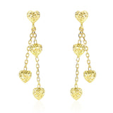 14K Yellow Gold Puffed Heart Diamond Cut Chain Dangling Earrings