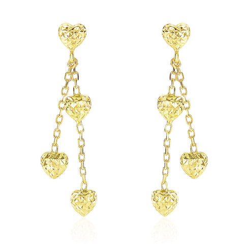 14K Yellow Gold Puffed Heart Diamond Cut Chain Dangling Earrings