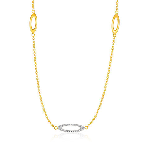 14K Yellow Gold and Diamond Necklace with Oval Stations