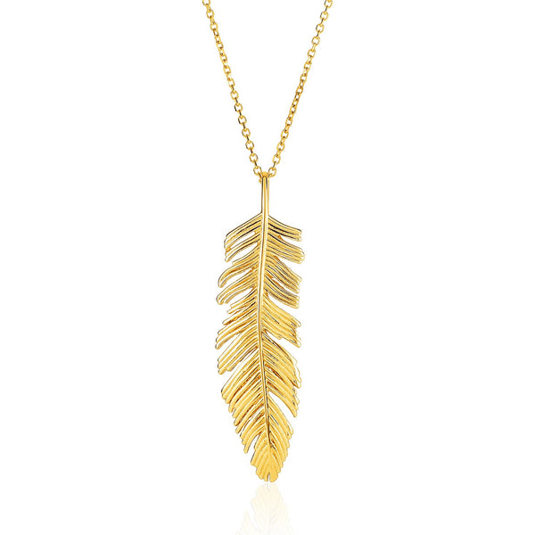 14K Yellow Gold with Textured Feather Pendant