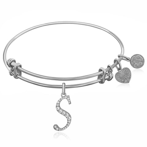 Expandable White Tone Brass Bangle with S Symbol with Cubic Zirconia