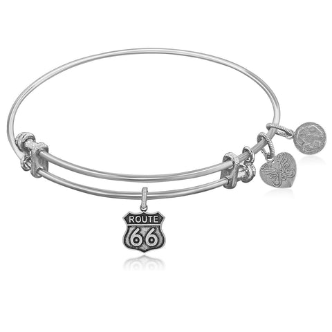 Expandable White Tone Brass Bangle with Route 66 Symbol
