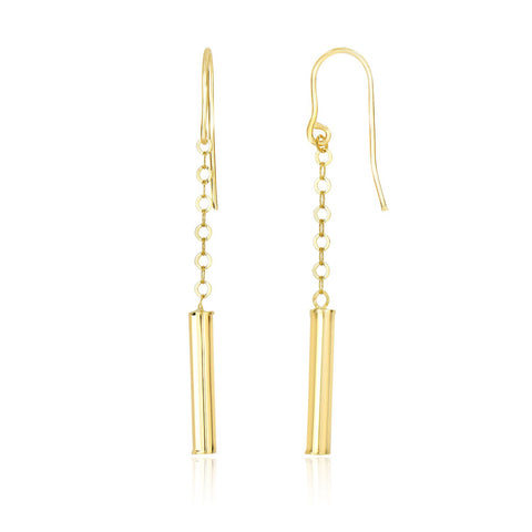 14K Yellow Gold Chain Drop Earrings with Shiny Cylinders