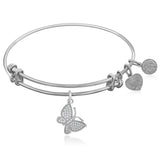 Expandable White Tone Brass Bangle with White CZ Butterfly Symbol