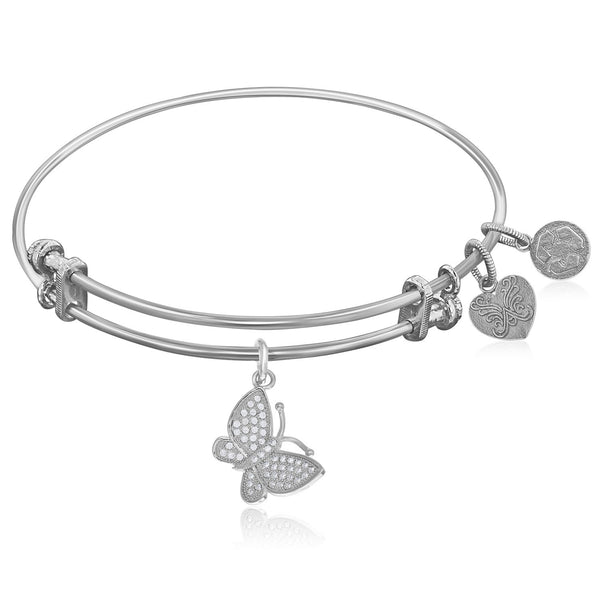 Expandable White Tone Brass Bangle with White CZ Butterfly Symbol