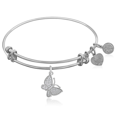 Expandable White Tone Brass Bangle with White CZ Butterfly Symbol