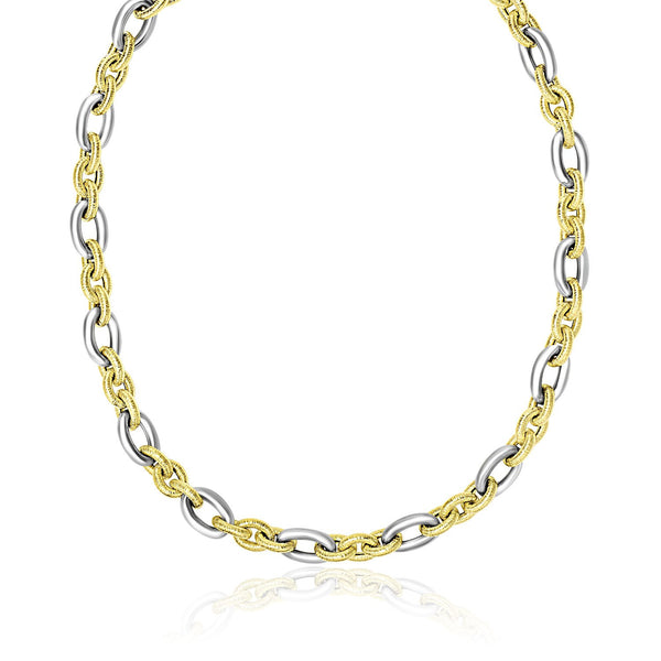 14K Two-Tone Gold Textured and Smooth Oval Chain Necklace