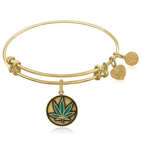 Expandable Yellow Tone Brass Bangle with Cannabis Enamel Symbol