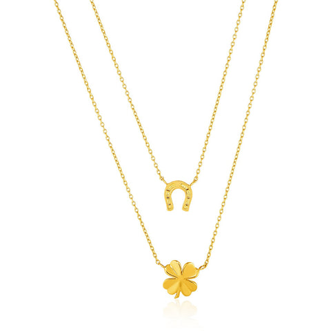 14K Yellow Gold Double-Strand Chain Necklace with Four-Leaf Clover and Horseshoe