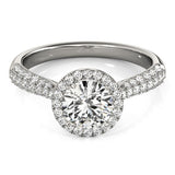 14K White Gold Halo Round Diamond Engagement Ring with Graduated Pave Band (1 1/3 ct. tw.)