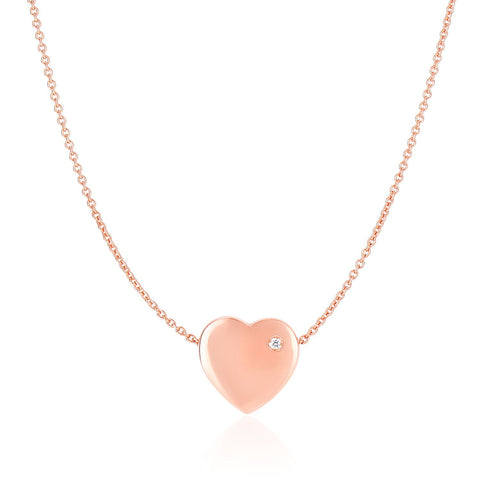 14K Rose Gold Necklace with a Diamond Embellished Flat Heart Design