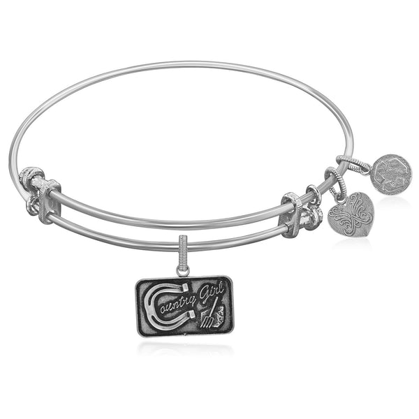 Expandable White Tone Brass Bangle with Country Girl Symbol
