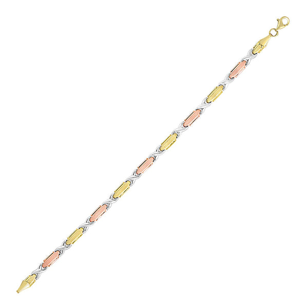 14K Tri-Color Gold Bracelet with Textured Hugs and Kisses Design