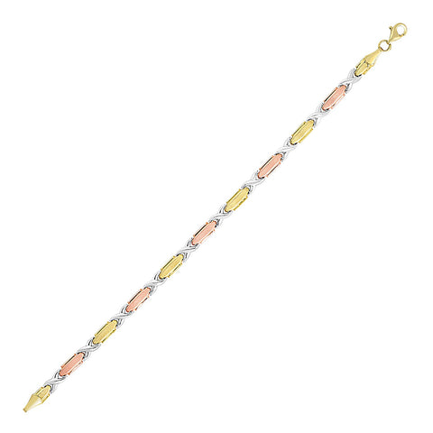14K Tri-Color Gold Bracelet with Textured Hugs and Kisses Design