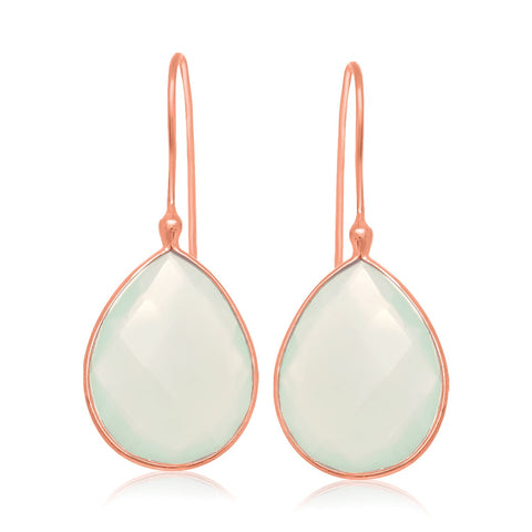 Sterling Silver Rose Gold Plated Dangling Earrings with Teardrop Aqua Chalcedony