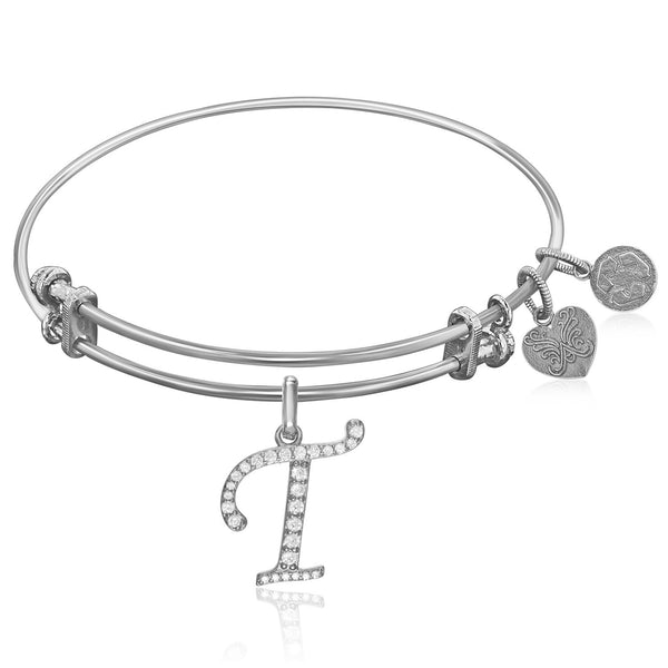 Expandable White Tone Brass Bangle with T Symbol with Cubic Zirconia